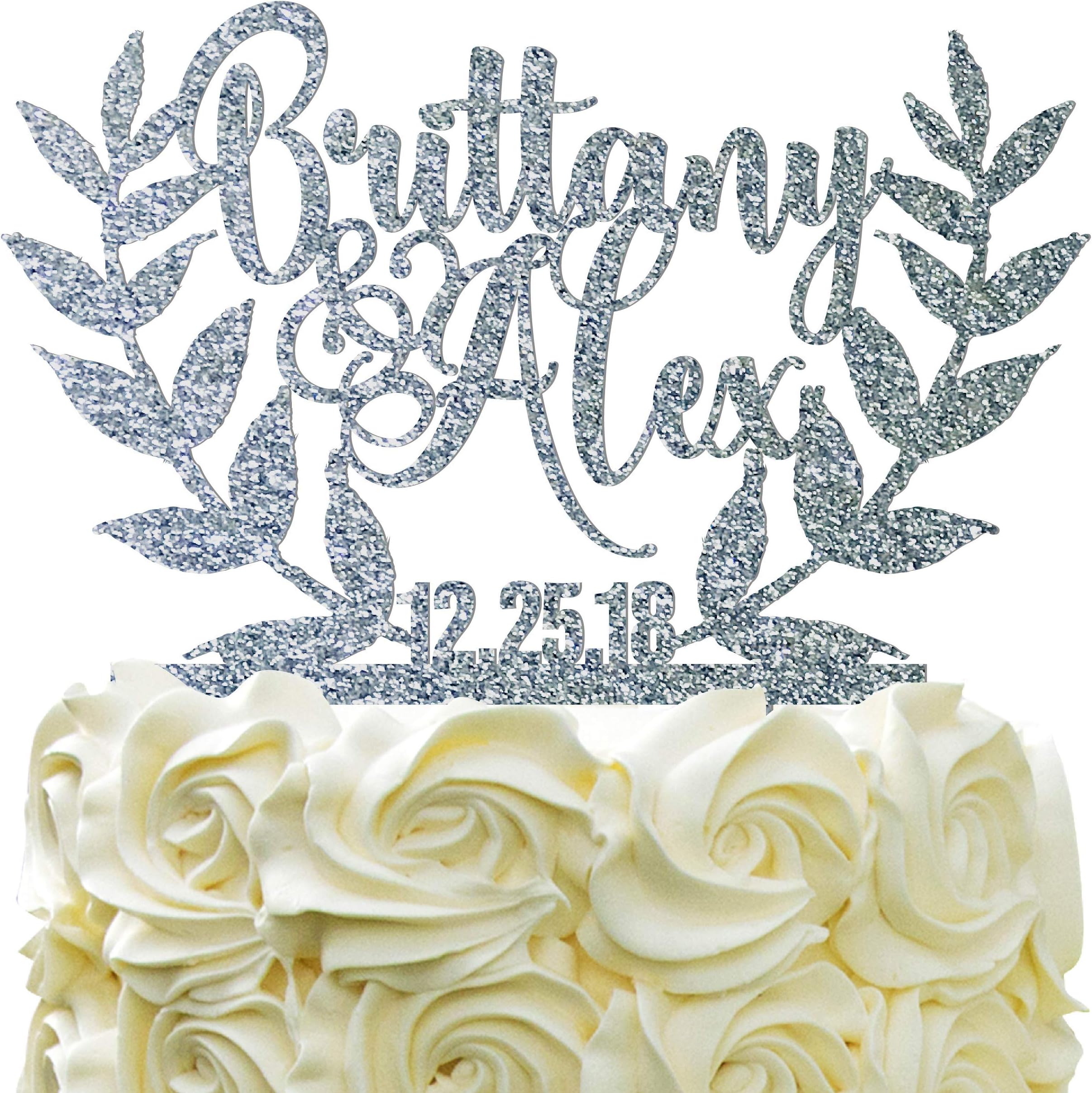 Personalized Wedding Cake Topper Wedding Cake Decoration Leaves Vector Bride Groom Name With Date Glitter Acrylic