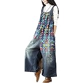 Yeokou Women's Baggy Denim Overalls Vintage Floral Print Casaul Jumpsuits Big Pockets Wide Leg Drop Crotch Adjustable Straps
