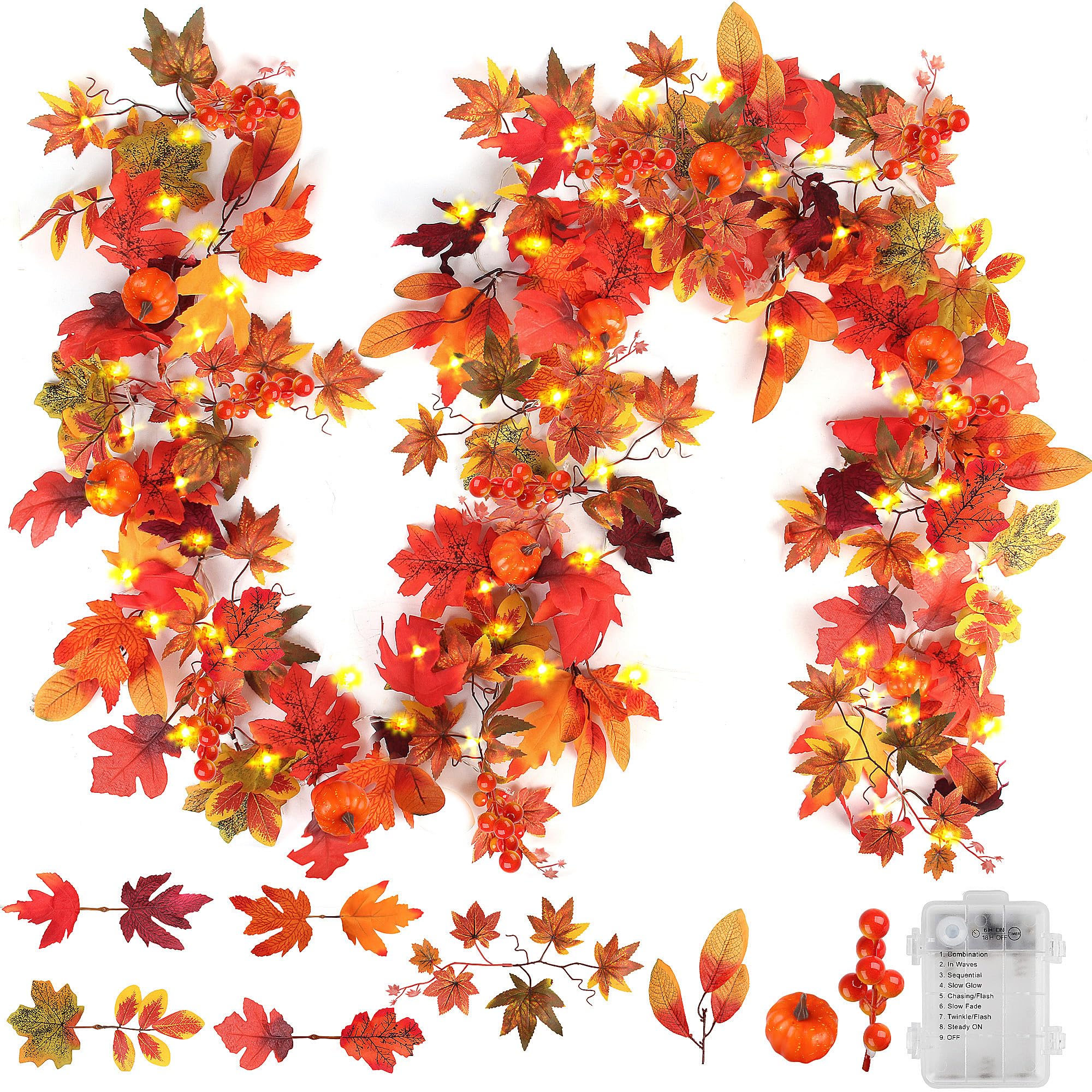 Photo 1 of 16.4 FT Fall Decor Garland with Lights, Autumn Maple Leaf Lighted Garlands with Berries Pumpkins & Timer, 50 LED Thanksgiving Decor Fall String Lights for Home Halloween Fireplace Mantle Window