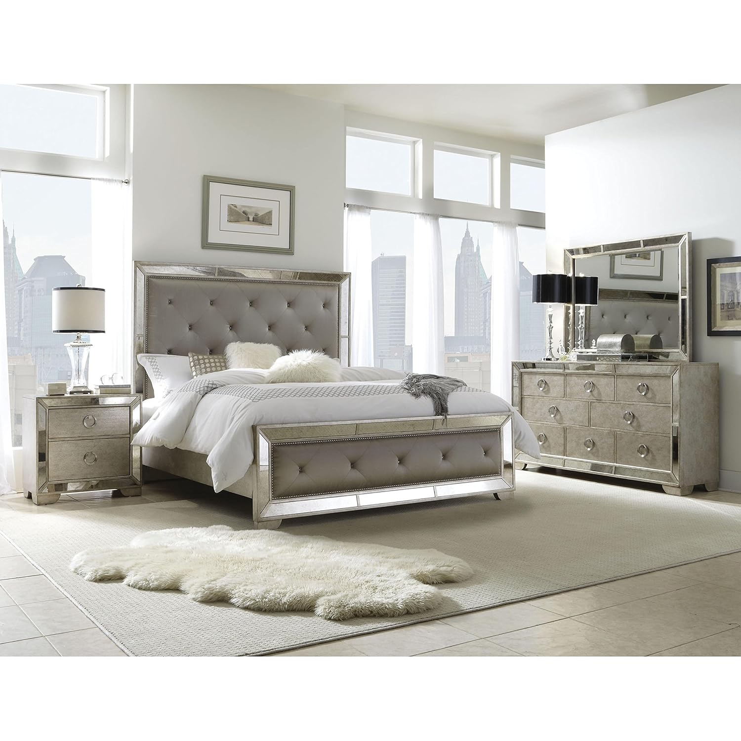 Elegant Celine 6piece Mirrored and Upholstered Tufted Queensize