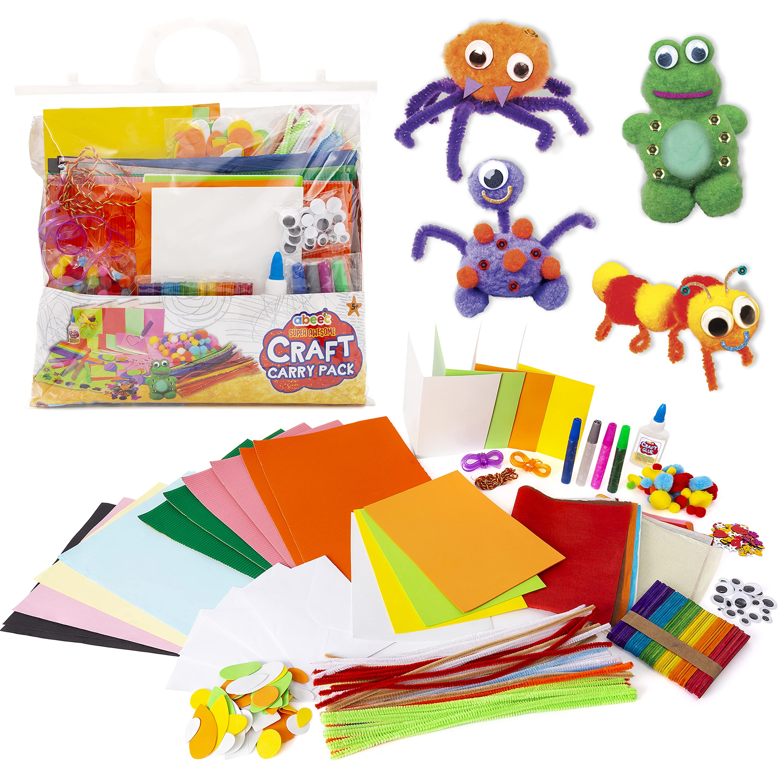 abeec Kids Craft Carry Pack | Complete Art & Craft Kit with Lolly Sticks, Pipe Cleaners, Googly Eyes, Pom Poms & PVA Glue | DIY Arts & Crafts Set for Kids 5+