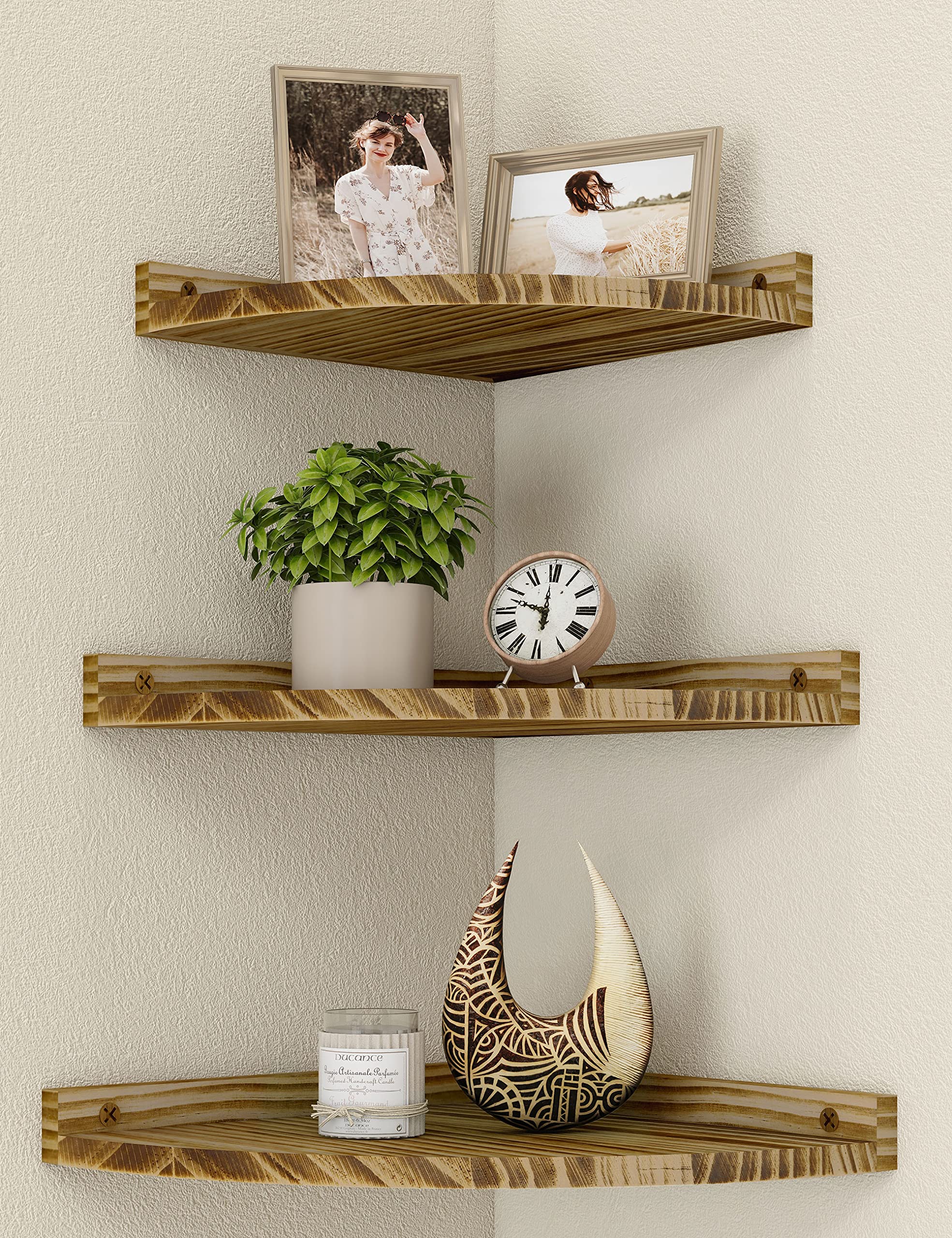 Petrala Corner Shelf Hanging Wall Shelf Wood 3-Piece Set Vintage Floating Shelves Rustic Corner Shelves for Wall Bookcase with Round And Floating Shelf for Bathroom Kitchen Bedroom Living Room