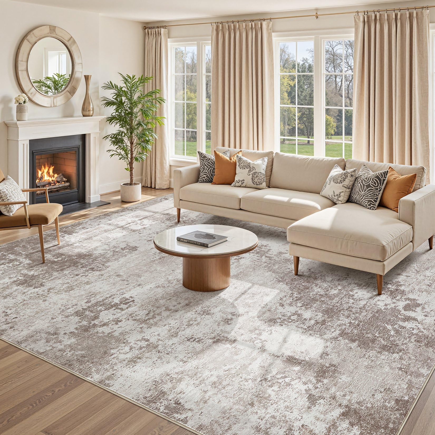 Photo 1 of 10x14 Washable Living Room Rug: Non-Slip Modern Abstract Area Rug for Bedroom Dining Room, Soft Low Pile Carpet Suitable for Families with Children, Brown