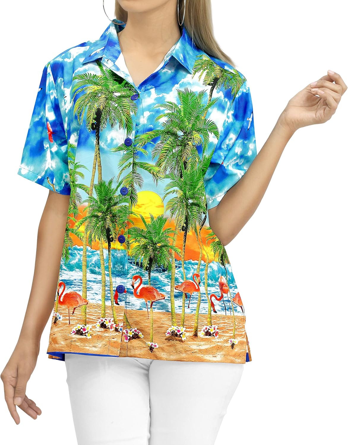 HAPPY BAY Women's Blouse Funky Hawaiian Beach Shirts Flamingo Print