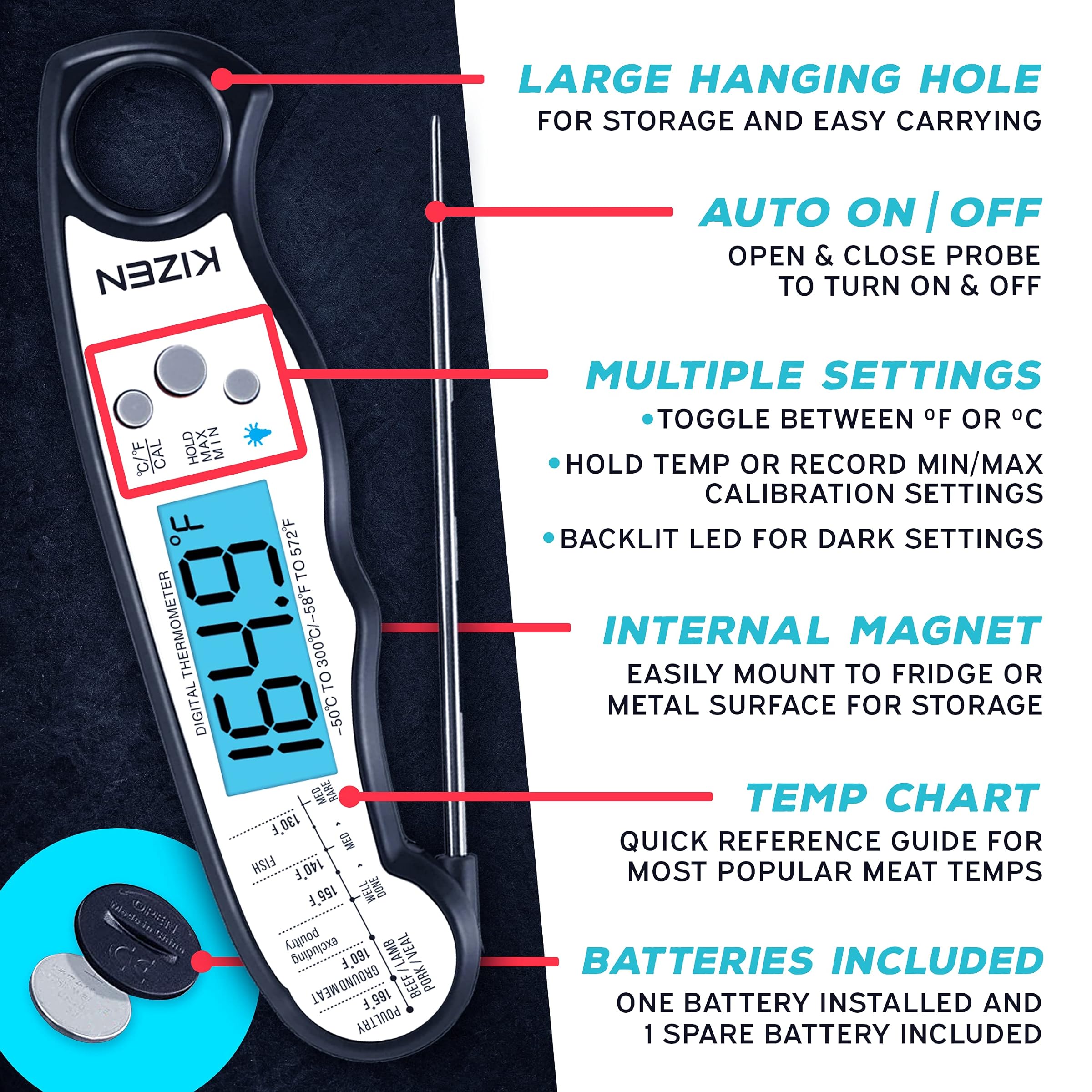 Kizen Instant Read Meat Thermometer - Best Waterproof Ultra Fast Thermometer with Backlight & Adjustable Function, Kizen Digital Food Thermometer for Kitchen, Outdoor, Cooking, BBQ, Grilling!