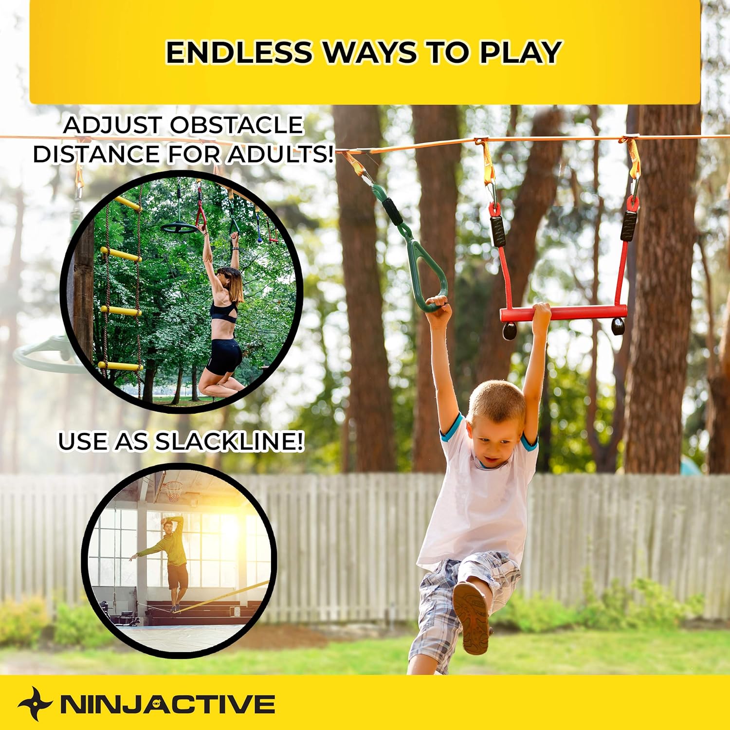 NINJACTIVE Ninja Warrior Obstacle Course for Kids - Weatherproof 50' Ninja Slackline Kit with 10 Obstacles Like Ladder, Spinning Wheel - Ninja Warrior Training Equipment with Slack Line for Backyard: Toys & Games