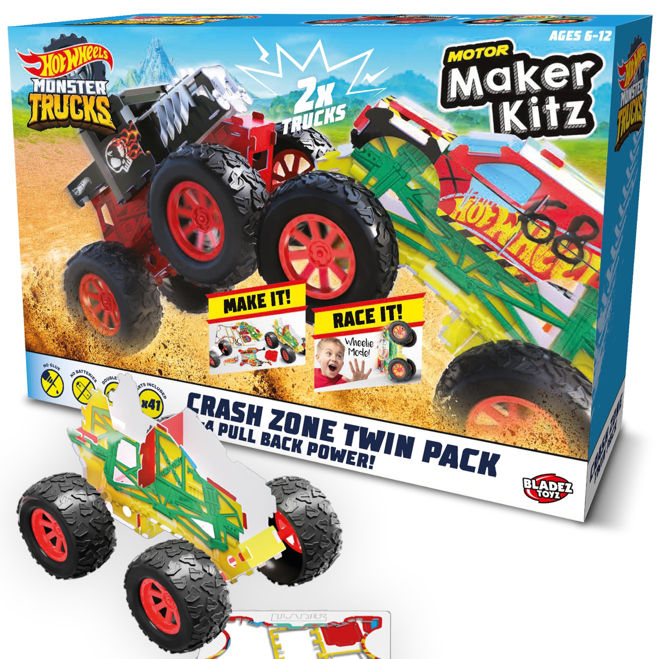 BLADEZ Hot Wheels Monster Trucks, Crash Zone Twin Pack, 4x4 Pull Back Vehicles for kids, Licensed Build Kit, Motor Maker Kitz Toyz, Small
