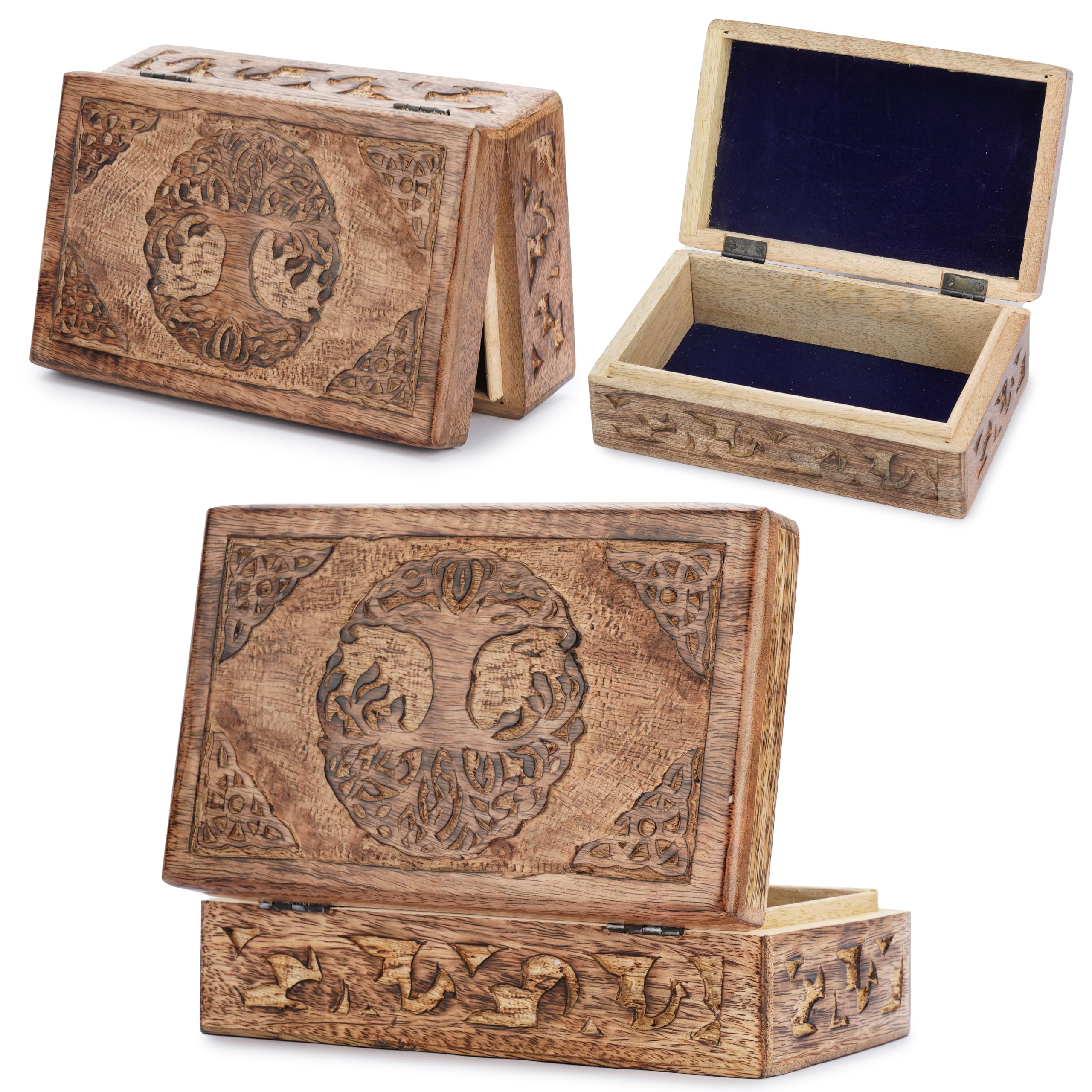 Ajuny Handcarved Wooden Decorative Treasure Chest Box with Celtic Tree of Life Carvings - Multipurpose Use as Jewelry Storage Keepsake Trinket Holder, Great for Gifts