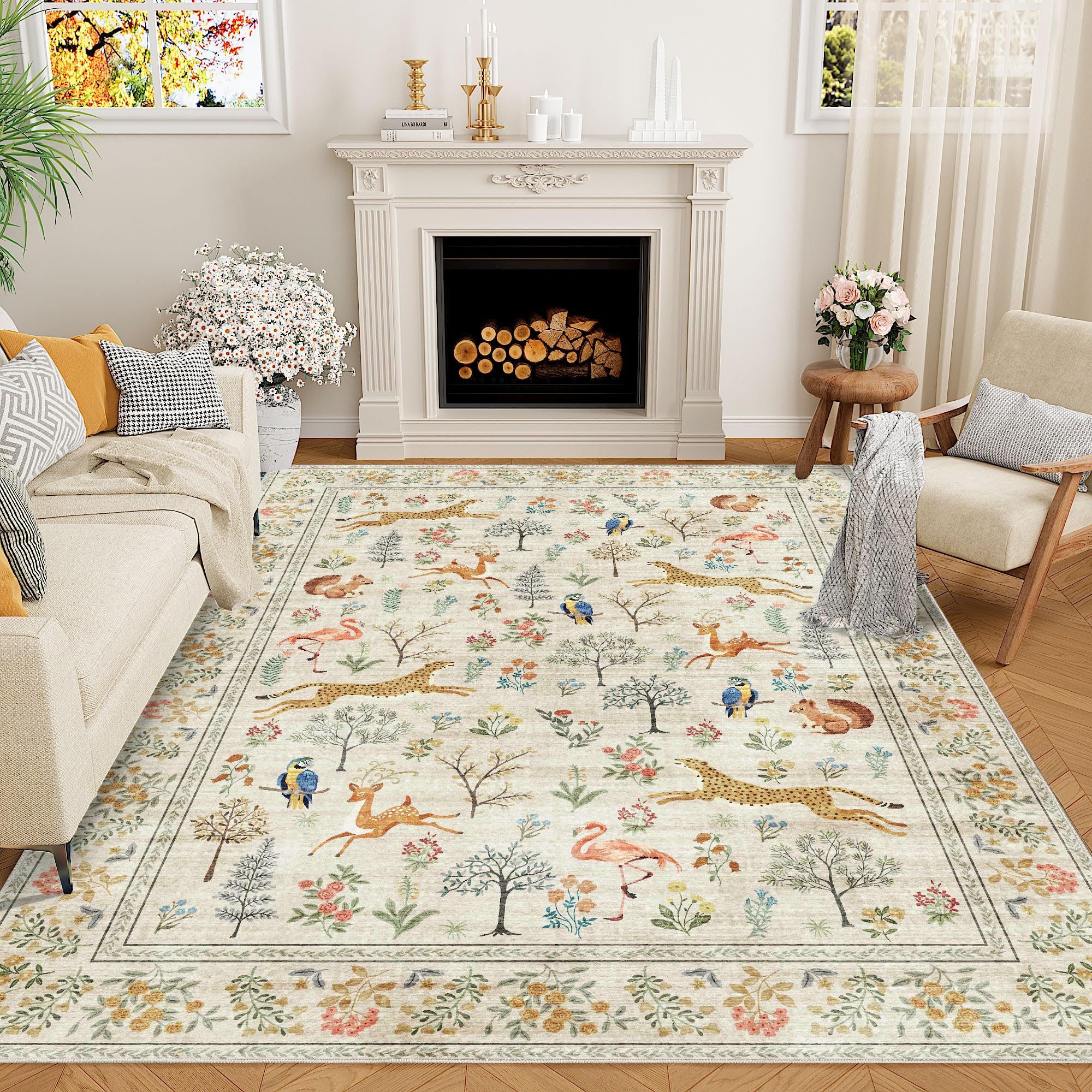 DUKINO 6x9 Rug, Washable Animal Living Room Rug with Non Slip Vintage Design, Soft Low Pile Large Carpet for Bedroom, Nursery, Dining Room, Farmhouse, Playroom, White Image