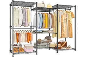 Raybee Clothes Rack Load 900Lbs, Heavy Duty Clothing Rack for Hanging Clothes Freestanding Portable Closet 77" H x 69'' W x 16'' D,Black