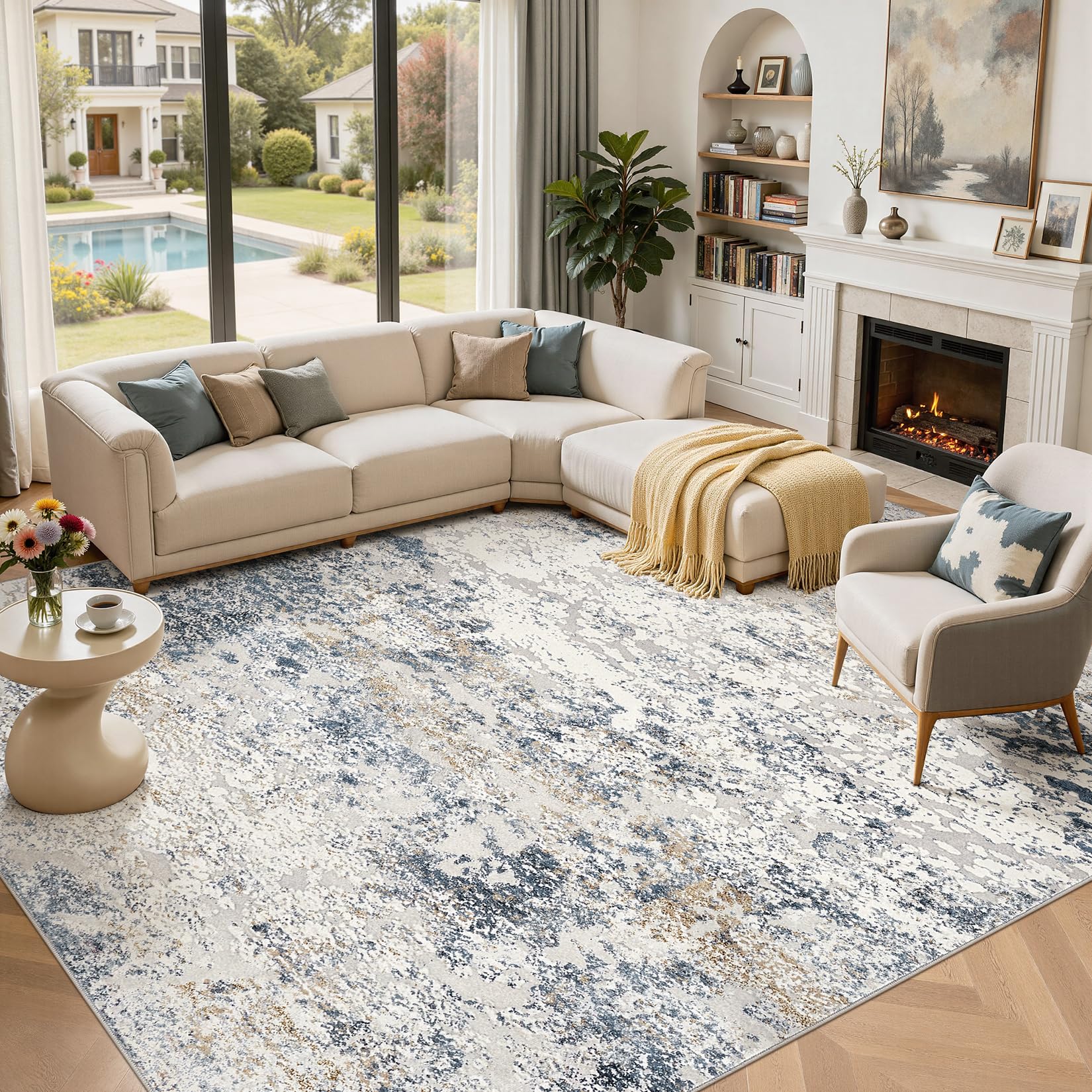 DMOYEST Area Rug Living Room Rugs - 12x18 Washable Extra Large Soft Indoor Neutral Modern Abstract Low Pile Rug Carpet for Bedroom Dining Room Farmhouse Home Office - Beige Blue Image
