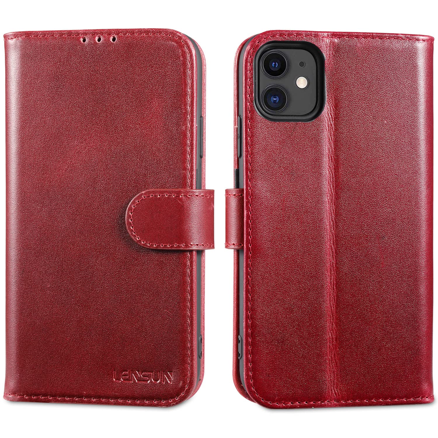 LENSUN Case for iPhone 11, Genuine Leather Flip Wallet Phone Cover [RFID Blocking] with Card Holder and Magnetic Closure Folio Compatible with Apple iPhone 11 - Wine Red