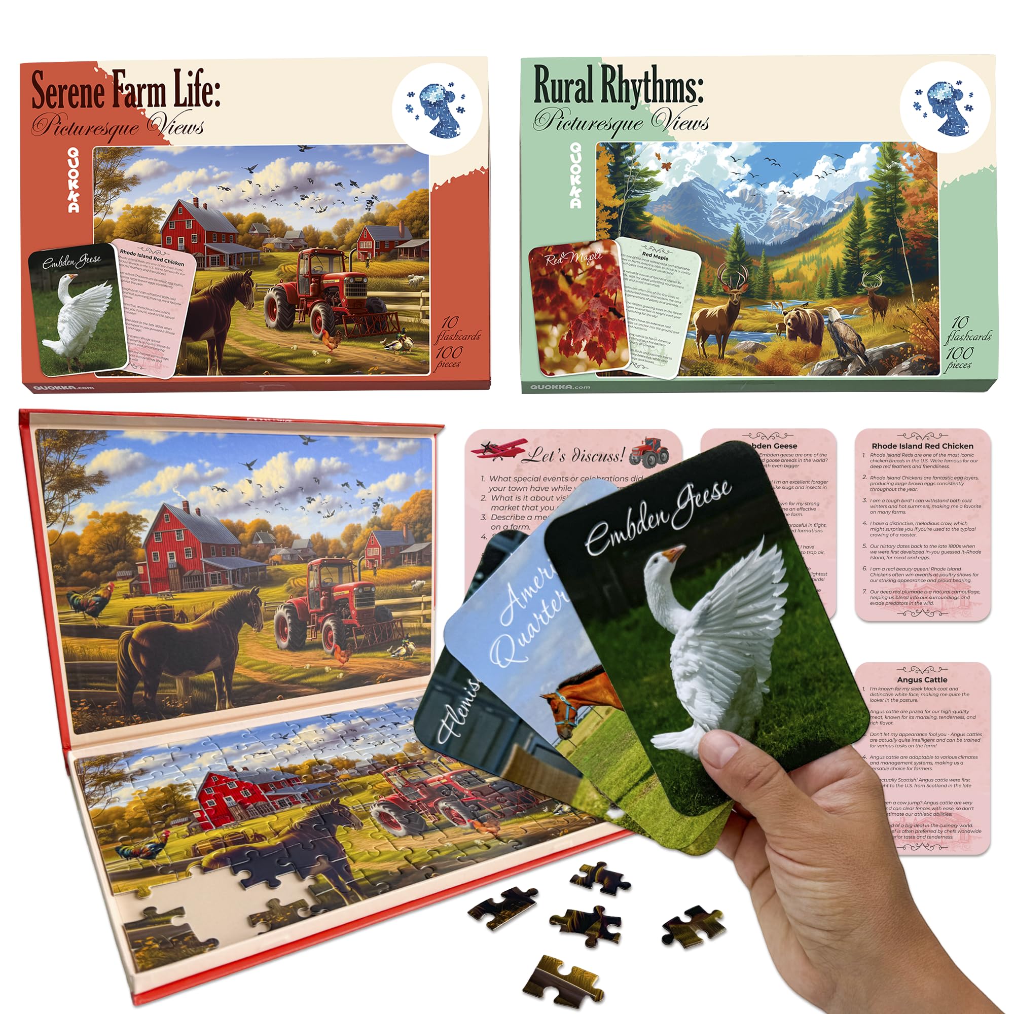 QUOKKA 100 Pieces Dementia Puzzles for Elderly - 3SET Large Piece Puzzles for Seniors - 9 Memory Flashcards with Facts I 25 Discussion Prompts per Puzzle - Alzheimer's Activities Products for Elderly