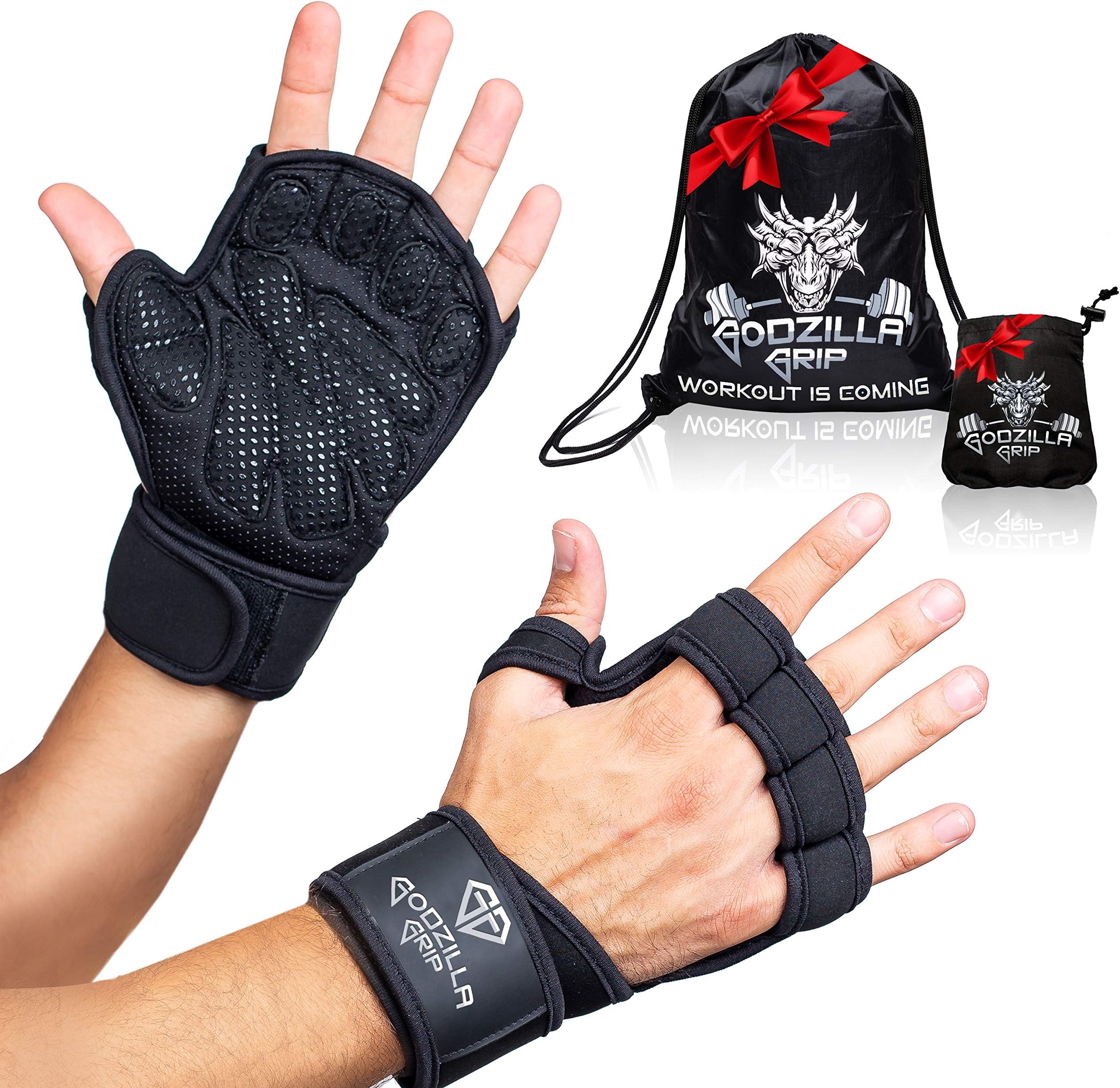 Godzilla Grip Fitness Gloves for Weightlifting, Crossfit – Black Workout Gloves with Wrist Support & Full Palm Protection for Men &Women – Hand Protection for Lifting, Workouts, Cross Training