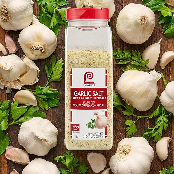 LAWRY’S COARSE GRIND GARLIC SALT WITH PARSLEY, 28 OZ – ONE 28 OUNCE CONTAINER OF GARLIC SALT AND PARSLEY SEASONING FOR BEEF, POULTRY, STIR-FRY AND PASTA
