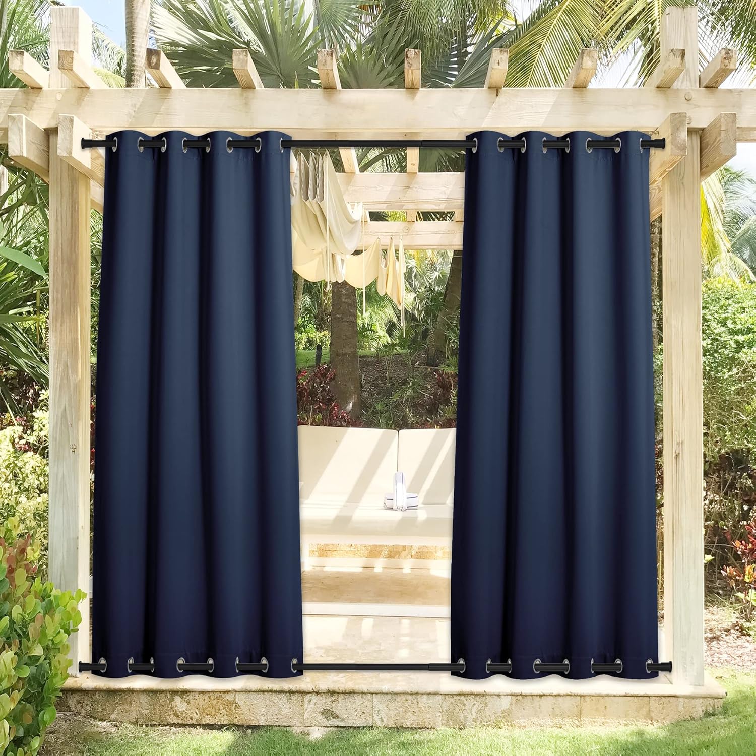 Outdoor Curtains - NICETOWN 2 Panels Gazebo Curtains Outdoor Waterproof & Windproof 95 inch Length, Top and Bottom Wind-Break Outdoor Dividers Thermal Insulated Blackout Blinds for Patio, Navy Blue