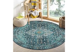 Moynesa Ultra-Thin Washable Round Rug - 4ft Oriental Circle Area Rugs for Bedroom Entryway, Teal Vintage Non Slip Non Shedding Low Pile Carpet for Living Room Coffee Table Kitchen