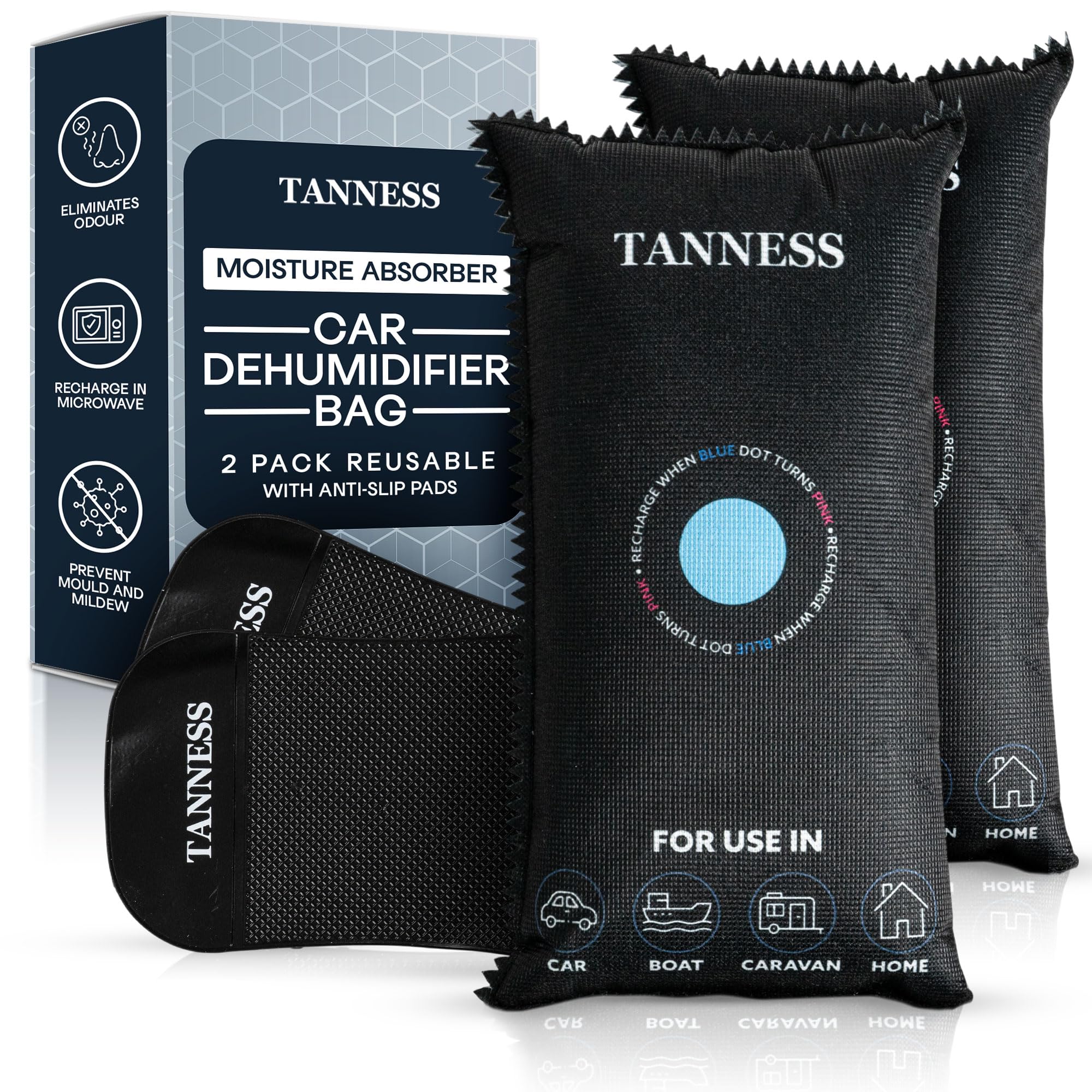 Tanness 2 Pack x 1kg Car Dehumidifier Bags with Anti-Slip Pads - Essential Accessories, Moisture Absorber, Reusable, Recharges in Microwave - Multipurpose for Home, All Spaces & Vehicles