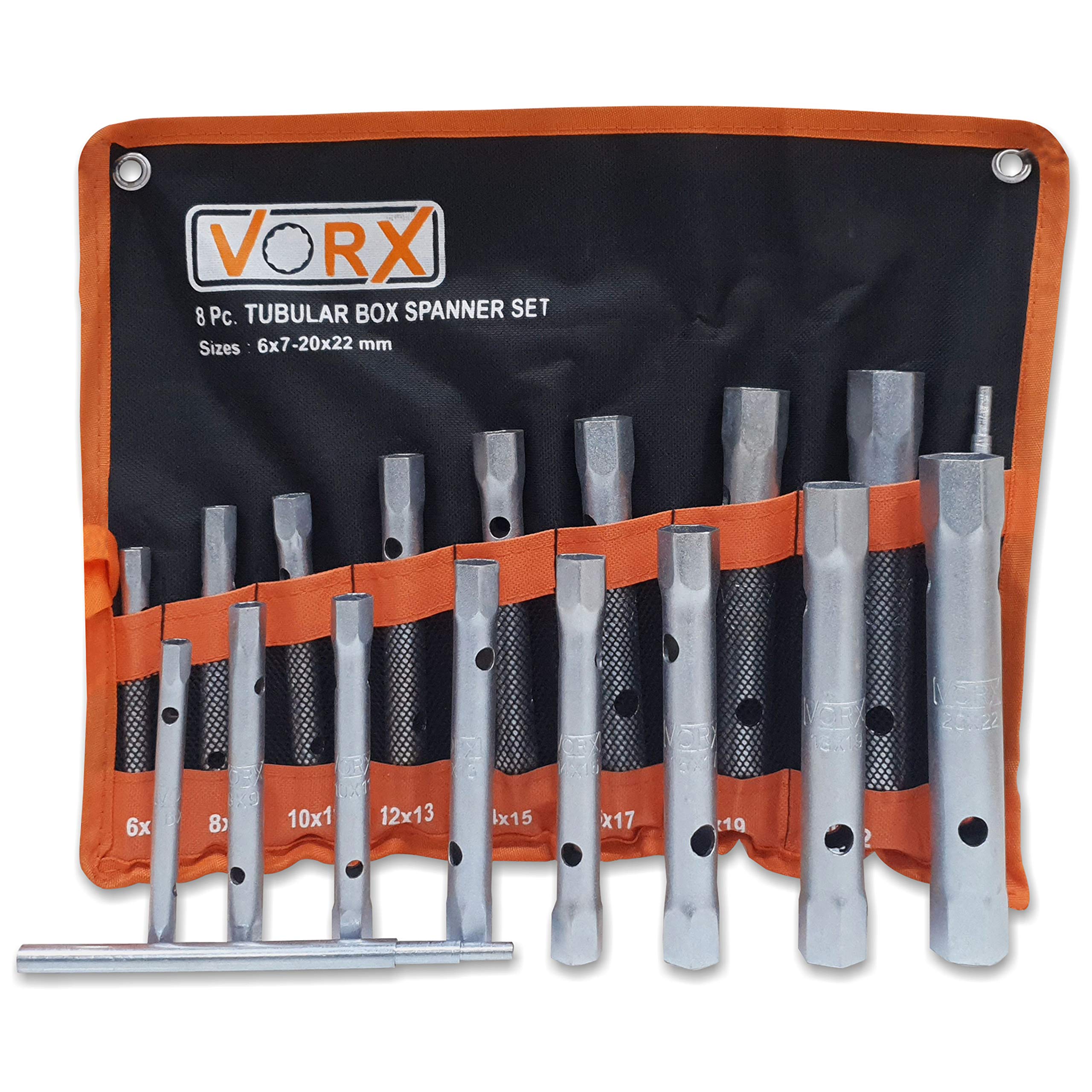 VORX Boltwork Box Tubular Spanner Set 8pc with 1 Two Step Tommy Bar Double Ended Metric 6x7mm to 20x22mm, Zinc Plated, Supplied in Heavy Storage Wallet, Heavy Duty Box Spanners