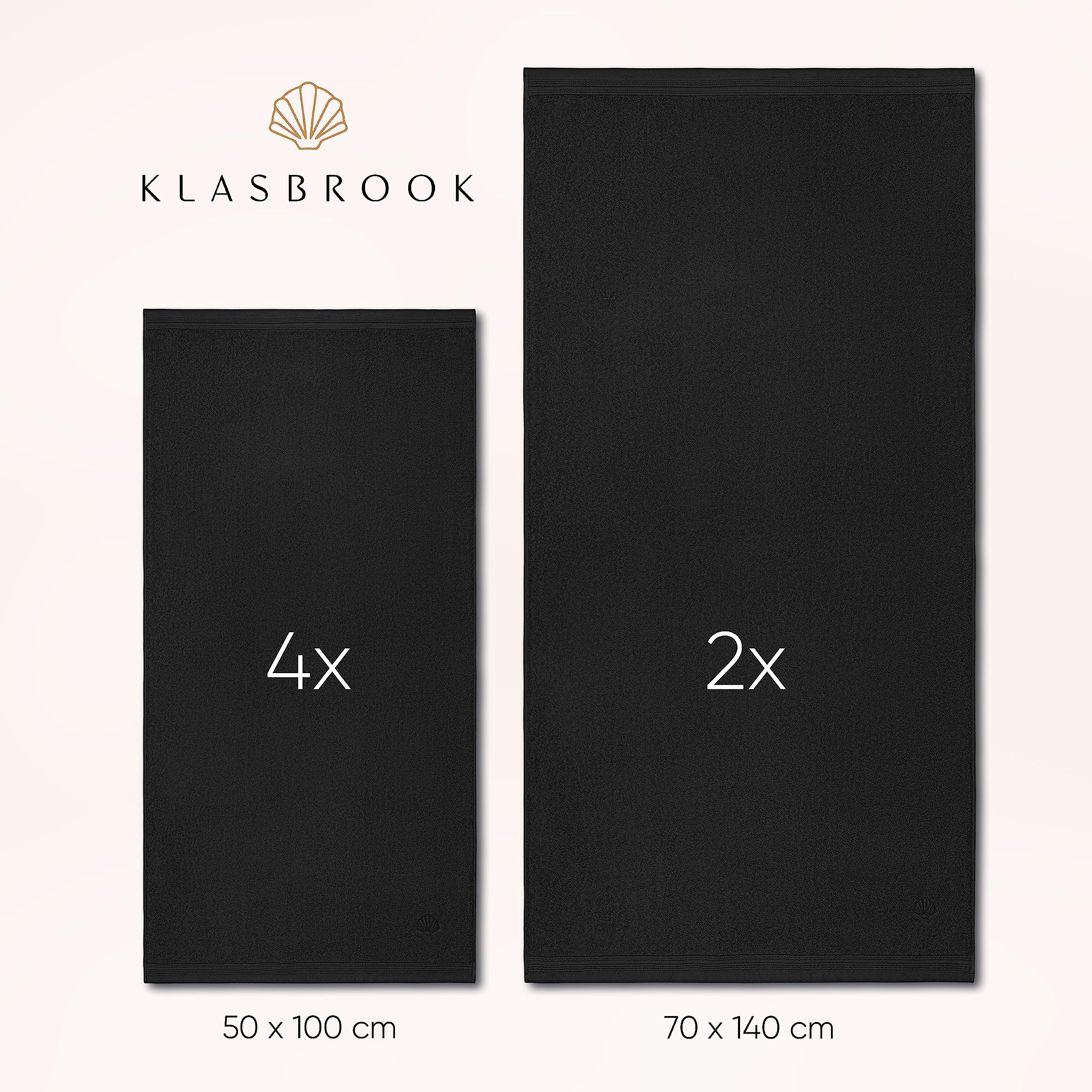KLASBROOK® Linnea 6 teiliges Luxus Handtücher Set Schwarz, extra flauschig und saugfähig aus 100% Baumwolle Oeko-TEX 100 Zertifiziert mit Aufhänger, 4 Handtücher 50x100 + 2 Badetücher 70x140 2