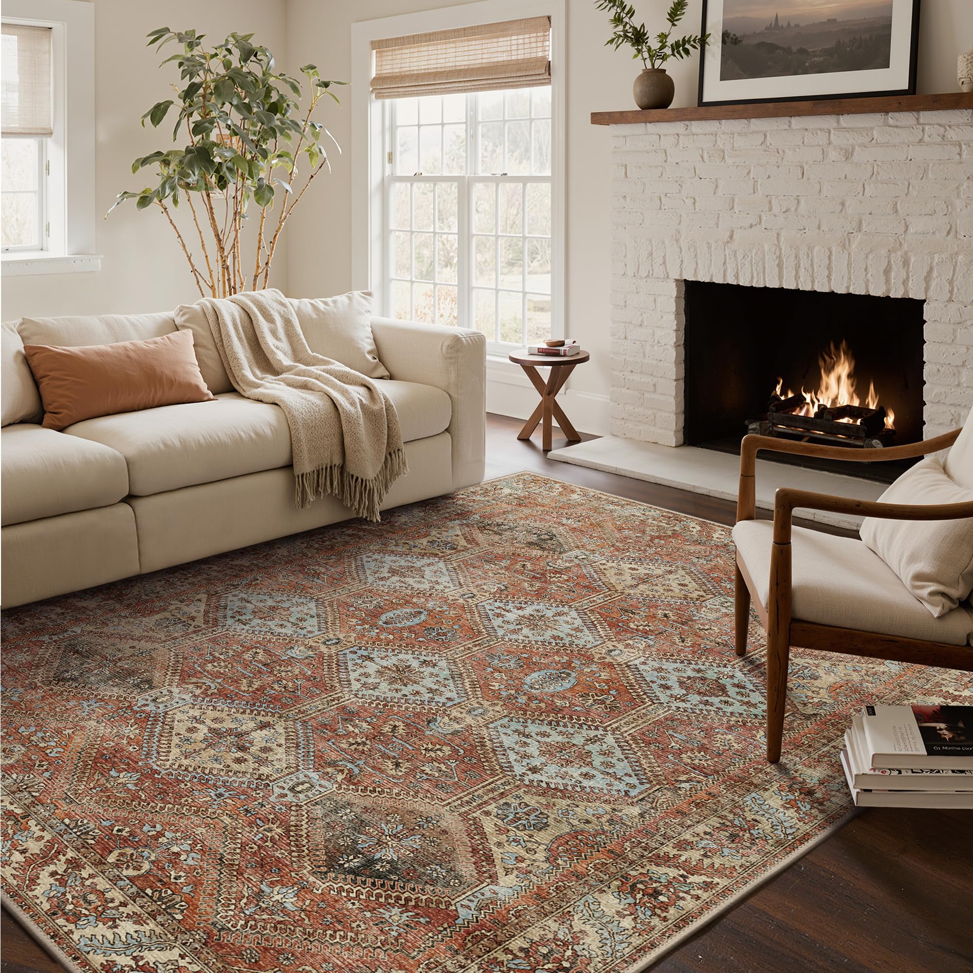 Bavni Clearance 6x9 Area Rugs for Living Room, Machine Washable Rug Non Slip, Vintage Chenille Distressed Print Carpet, Large Low Pile Ultra-Thin Lightweight Rugs for Bedroom, Dining Room, Spice Sky Image
