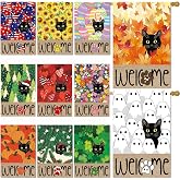 Black Cat Garden Flags Set of 11, Double Sided 28 x 40 Inch House Flags | Large Cat Flags for Outside, Fall Summer Halloween Christmas Outdoor Flags, Welcome Holiday Garden Flags for All Seasons