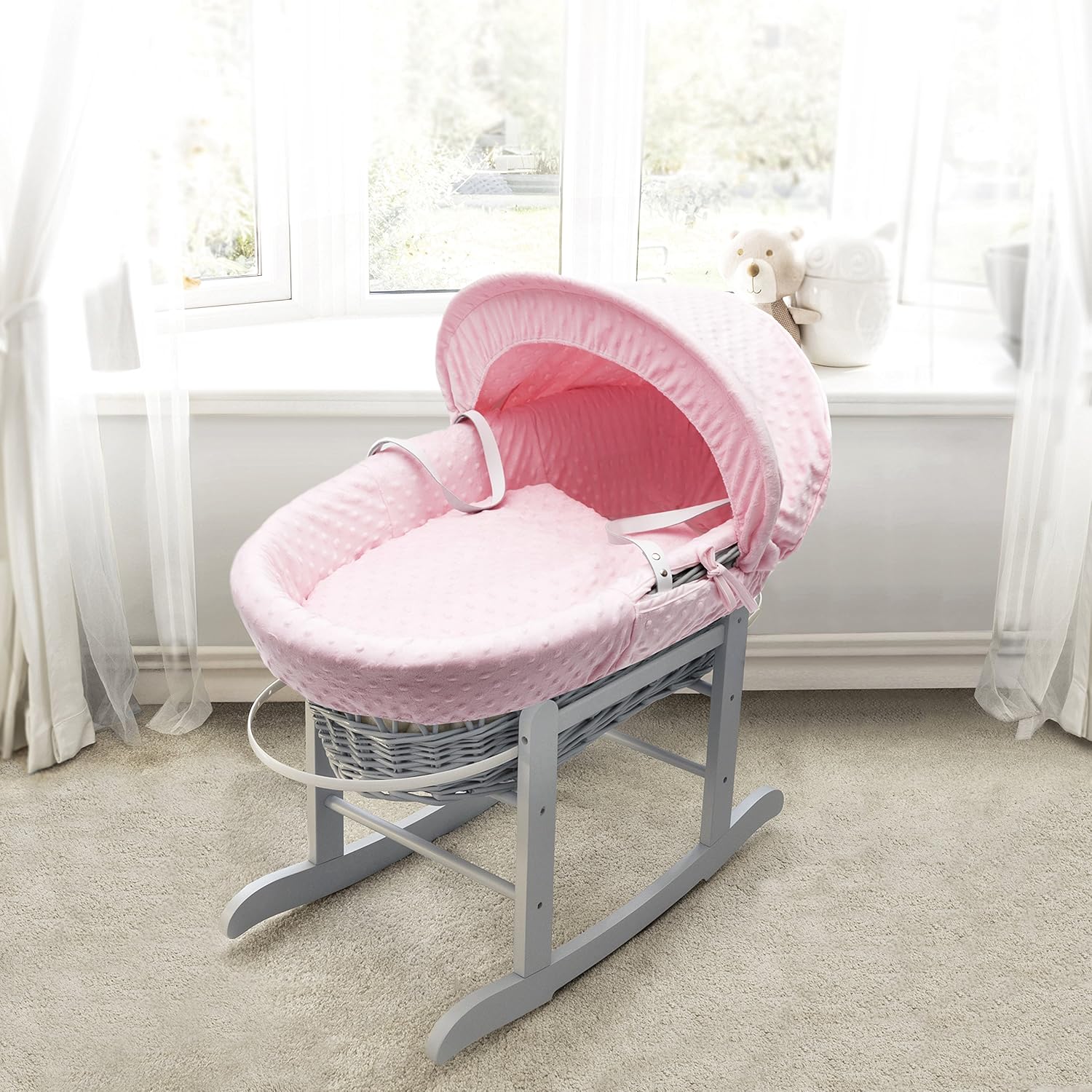 Pink Dimple Grey Wicker Padded Moses Basket & Deluxe Grey Rocking Stand