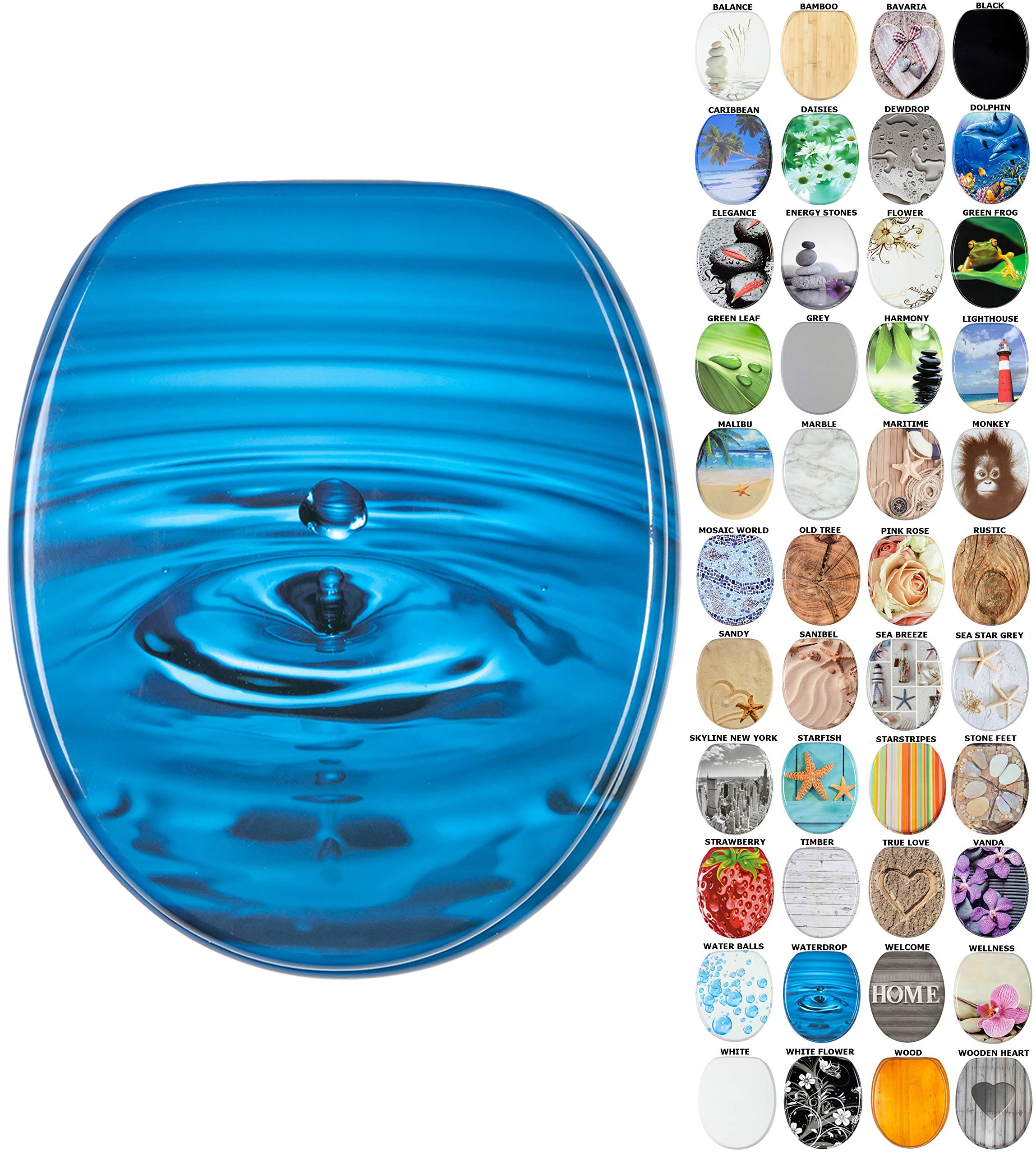 Sanilo Soft Close Toilet Seat, Wide Choice of New Toilet Seats, Stable Hinges, Easy to Mount (Waterdrop)