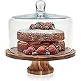 Libbey Acaciawood Footed Round Wood Server Cake Stand with Glass Dome