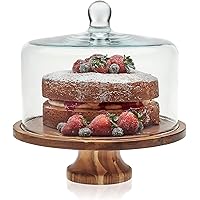 Libbey Acaciawood Footed Round Wood Server Cake Stand with Glass Dome