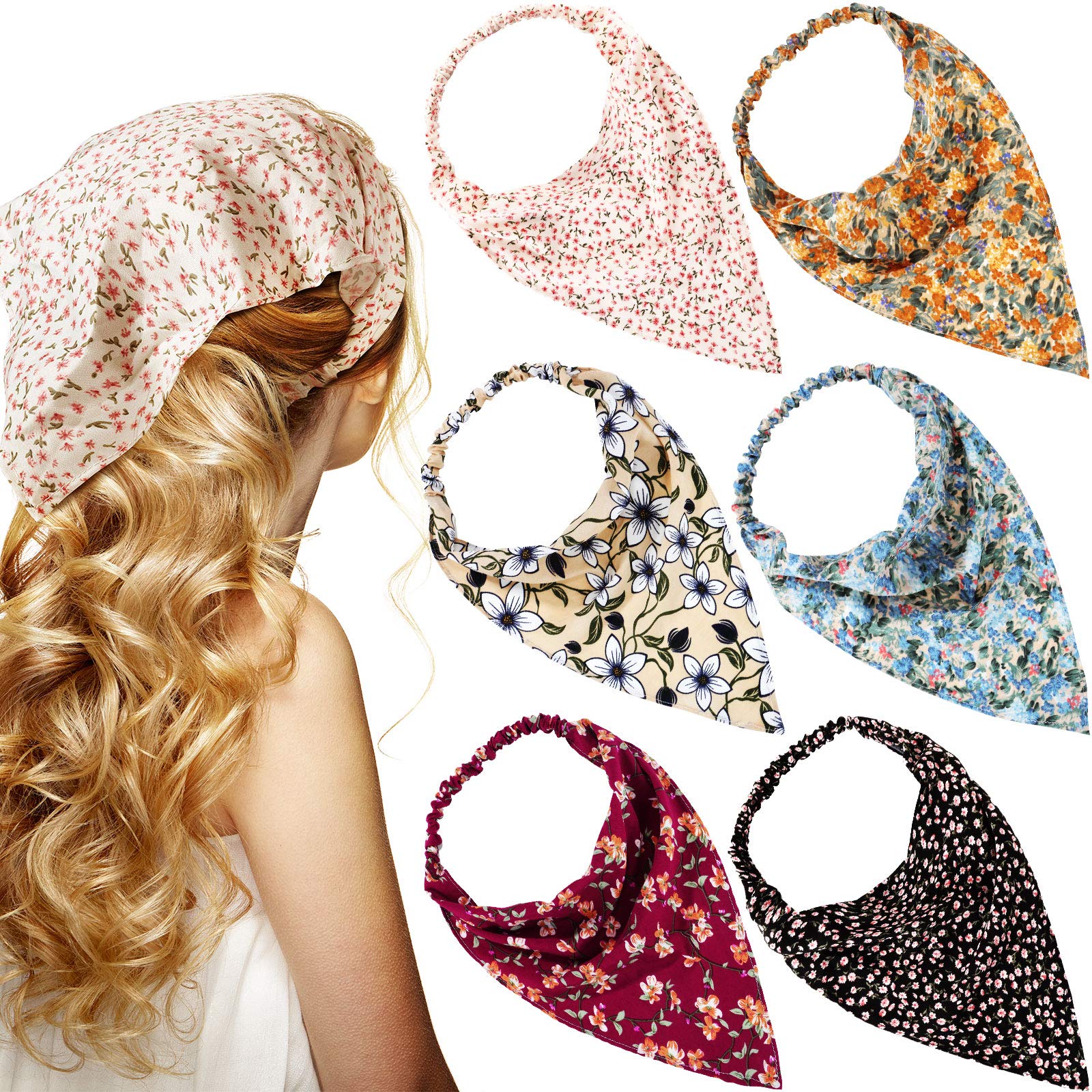 Photo 1 of Syhood 6 Pcs Floral Elastic Hair Bandanas for Women Boho Hair Scarf Headband Chiffon Head Kerchief Turban with Clips(Rural Floral Patterns)