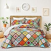 Tyrot 3 Piece Boho Colorful Quilt Set King Size Bohemian Reversible Bedding Set Microfiber Lightweight Bedspread Coverlet with 2 Sham Patchwork Mandala Print Bed Covers for All Season, 106''x96''