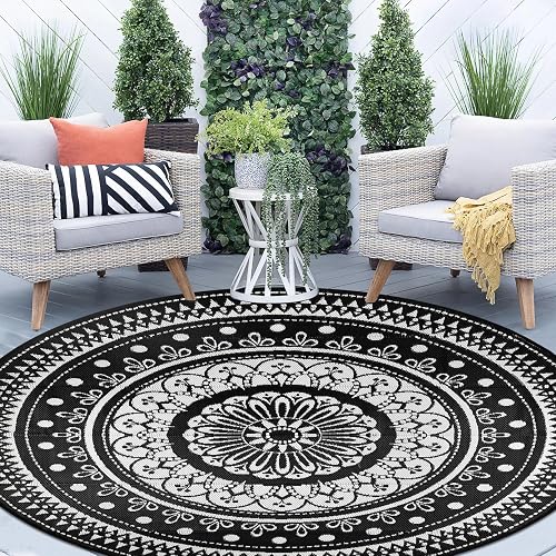 Cekene Large Outdoor Rug Round Waterproof 240cm Black Reversible Garden Rug Plastic Easy Clean Area Floor Mat for Outdoors Patio Garden RV Trailer Backyard Deck Picnic