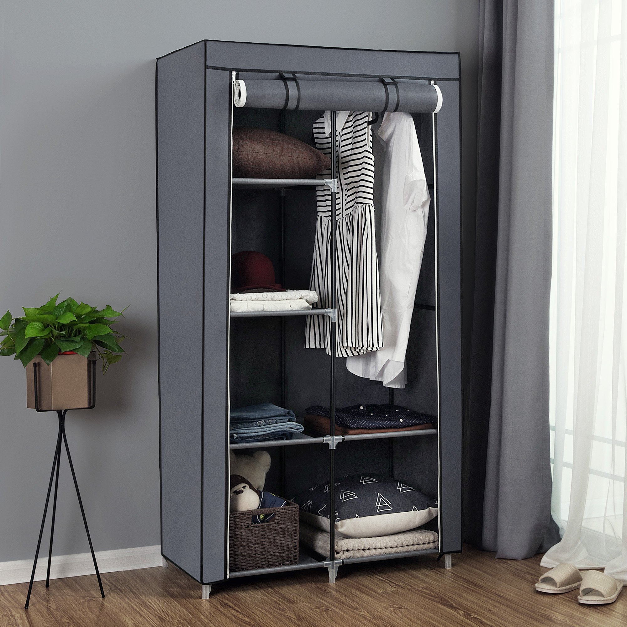 SONGMICS 34" Portable Clothes Closet Wardrobe with Non-woven Fabric and Hanging Rod, Quick and Easy to Assemble, Grey URYG84GY