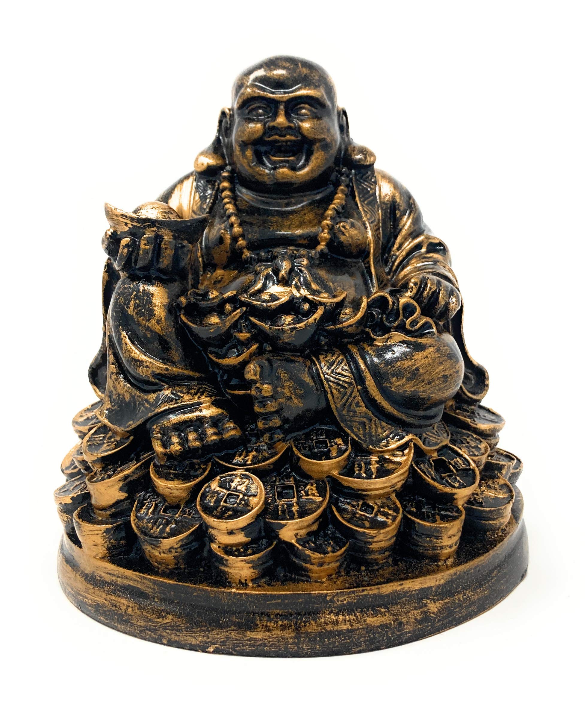 Petrichor 5 inches Handmade Laughing Buddha Sitting on Lucky Money Coins Carrying Golden Ingot for Feng Shui Good Luck & Happiness (Rustic Golden)
