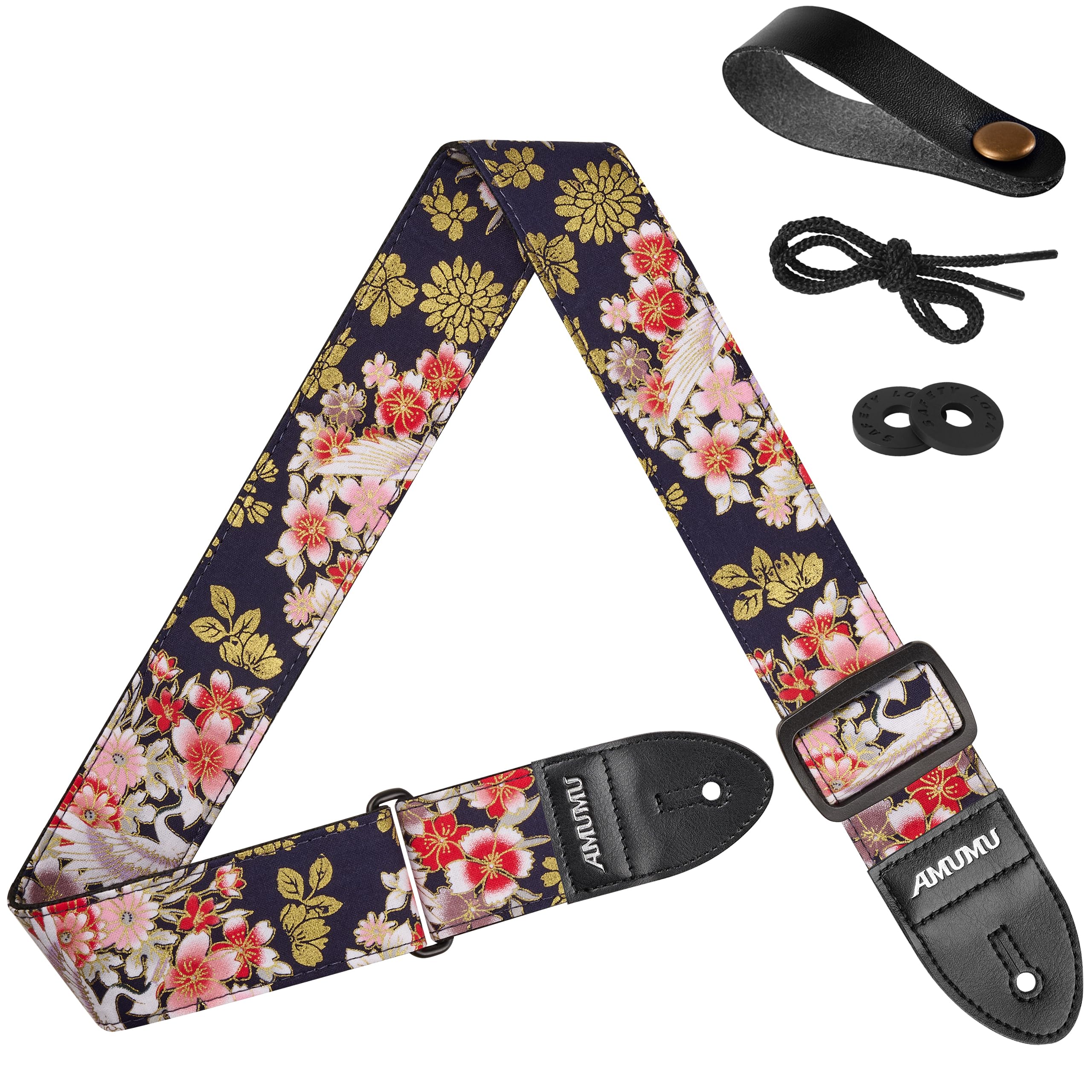 Amumu Vintage Embroidery Guitar Strap, Peony Crane, 5