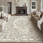 PureCozy 8x10 Area Rug Beige Washable Vintage Distressed Living Room Carpet Large Bedroom Indoor Medallion Floral Non Slip Re