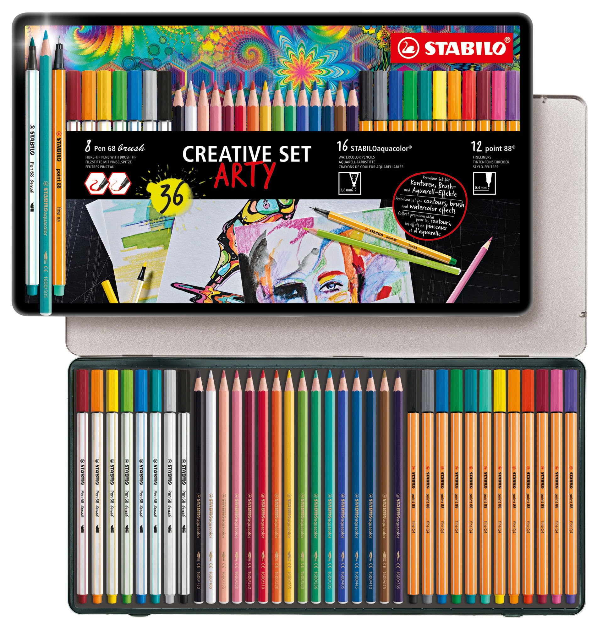 STABILO Creative Set - point 88, Pen 68 brush, STABILOaquacolor - ARTY - Tin of 36 - Assorted Colours