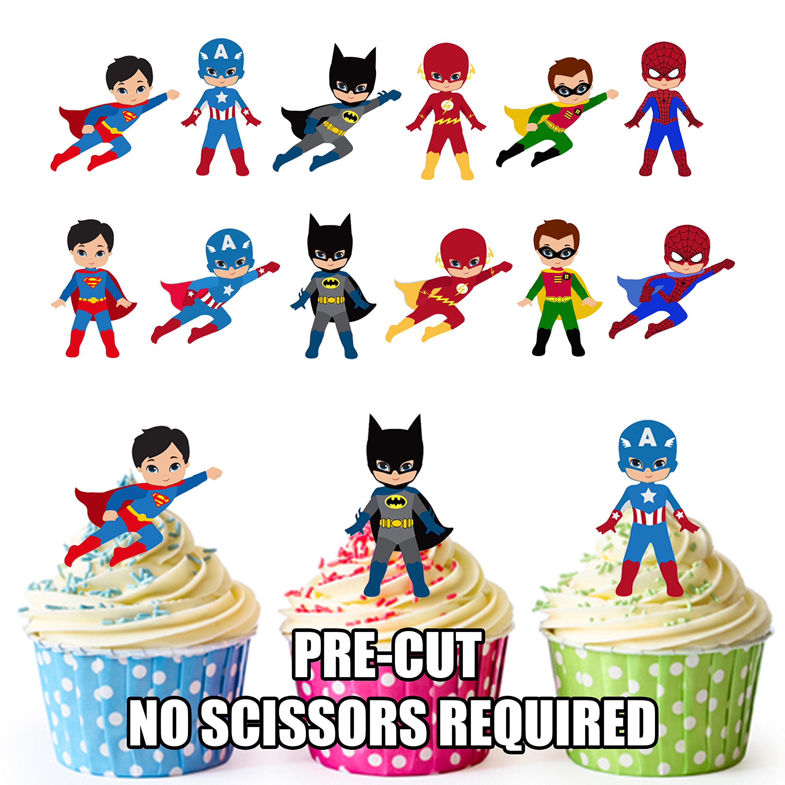 AK Giftshop PRE-CUT Superhero/Super hero Squad Party Pack - Edible Cup Cake Toppers Decorations (Pack of 36)
