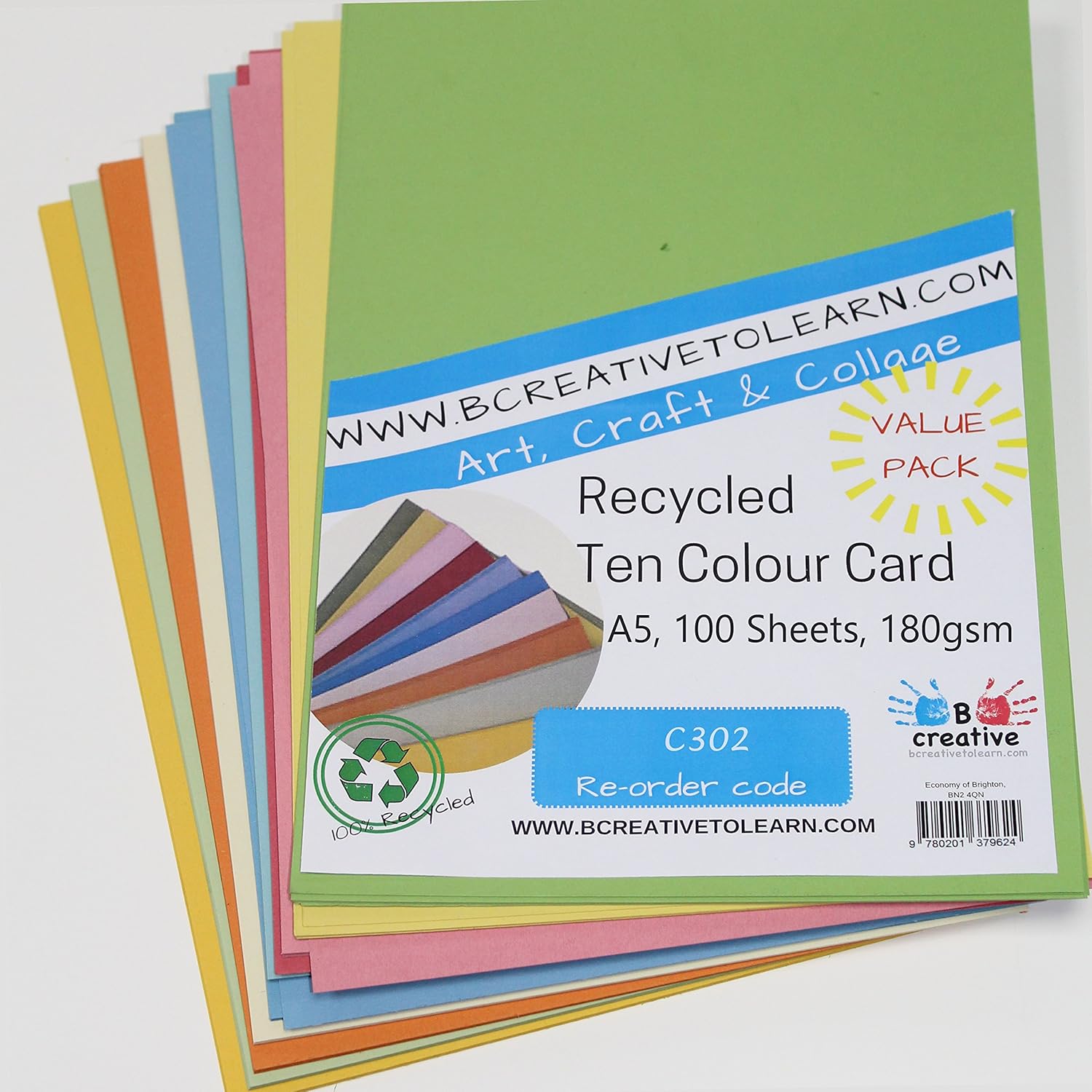 A5 Recycled Ten Coloured Card Mix 180gsm Pack of 100 Craft Sheets by BCreative®, Assorted - Image 3