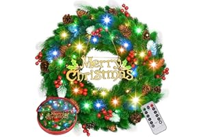 JJYEE 18 Inch Pre-Lit Artificial Christmas Wreath with Lights, Lighted Christmas Wreath for Front Door with 45 LED Lights Battery Operated 8 Modes Remote Control with Timer, Xmas Decorations Indoor Outdoor
