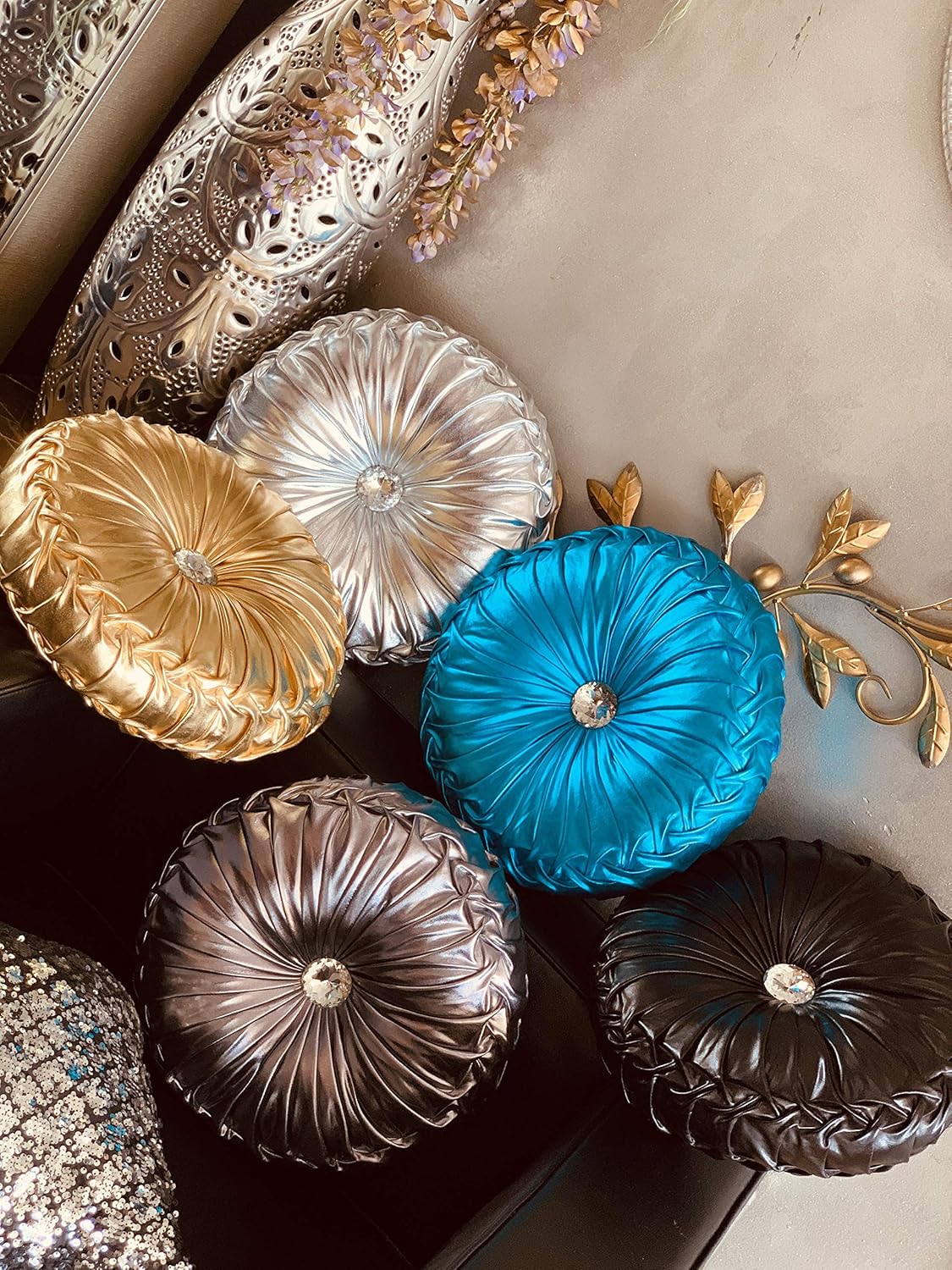 TressHouse European Round Throw Pillow, Soft Spandex Fabric Pumpkin Pleated Handmade Metallic Accent Circle Insert Cushion, Diamond to Enhance for Sofa Bedroom livingroom Couch Cover Chair-Gold: Kitchen & Dining