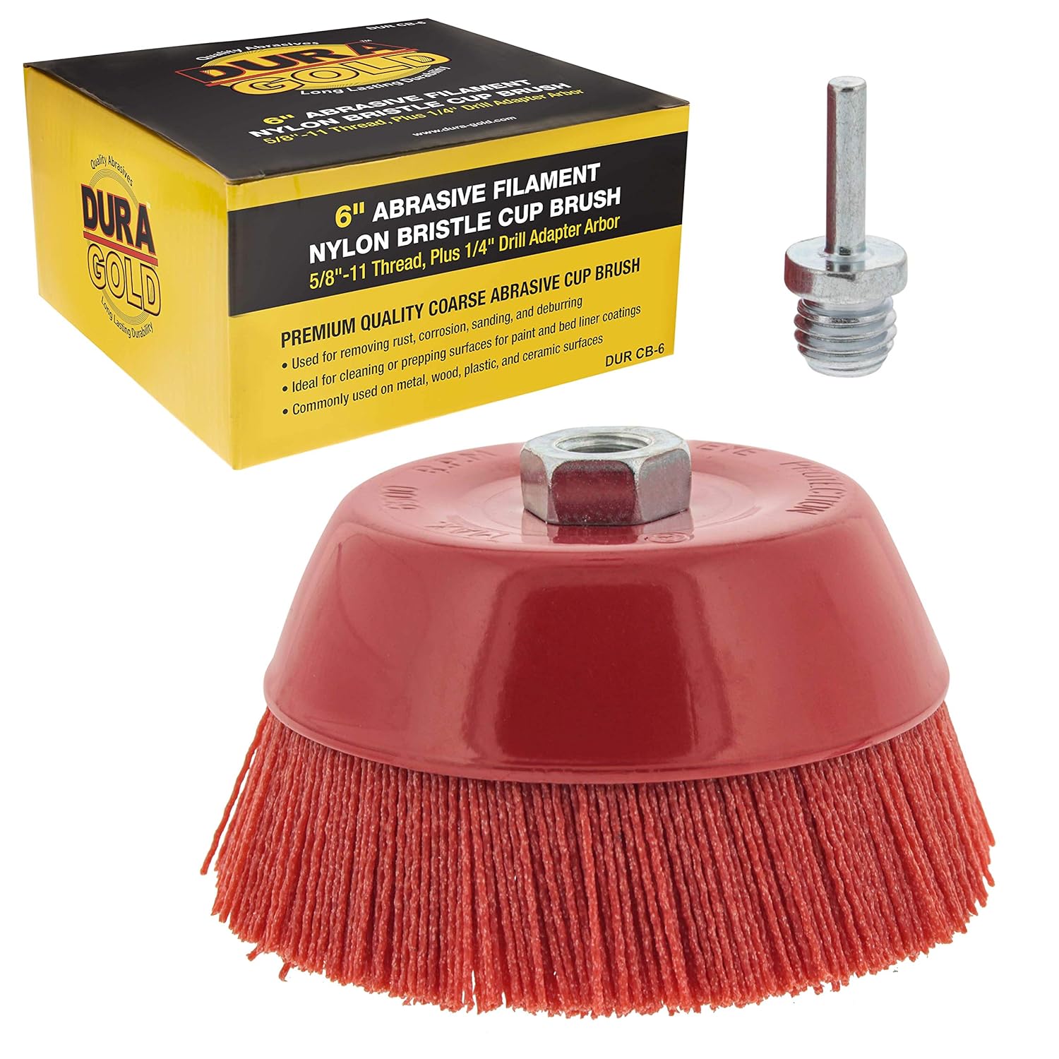 Dura-Gold 6" Abrasive Filament Nylon Bristle Cup Brush - Coarse Sanding Scuffing Brush, 5/8" 11 Thread, 1/4" Drill Arbor - Remove Rust, Corrosion, Paint - Surface Prepping for Truck Bed Liner Coatings: Industrial & Scientific