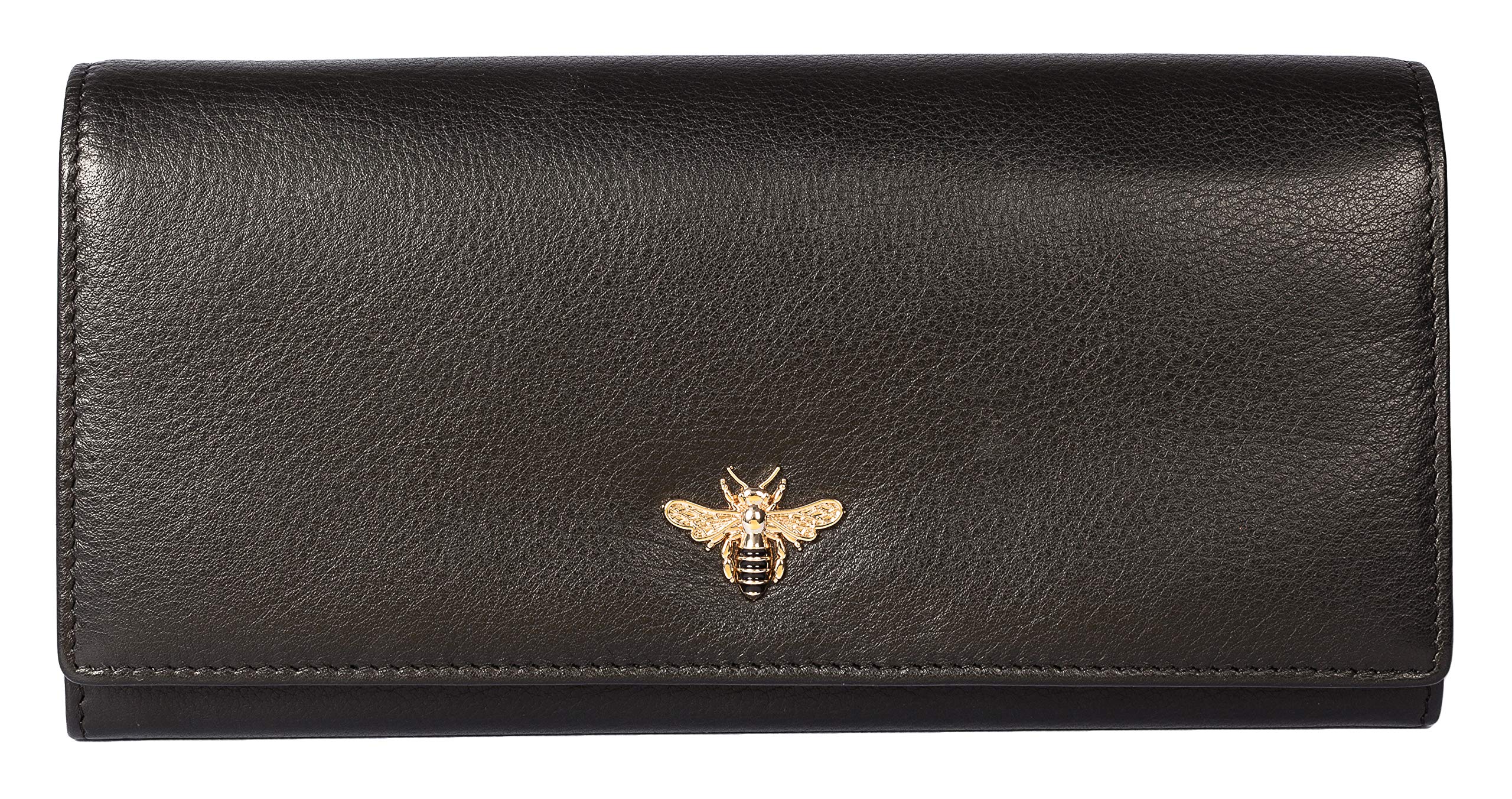 Mala Leather Mason Matinee Purse with RFID Protection – Soft Black Leather Wallet with Red Trim & Bumble Bee Detail – 19 x 10 x 3.5 cm