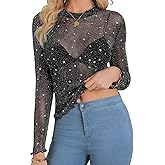 Nlife Womens Sparkly Mesh Sheer Top Glitter Star See Through Tee Shirt Concert Rave Party Nashville Outfits