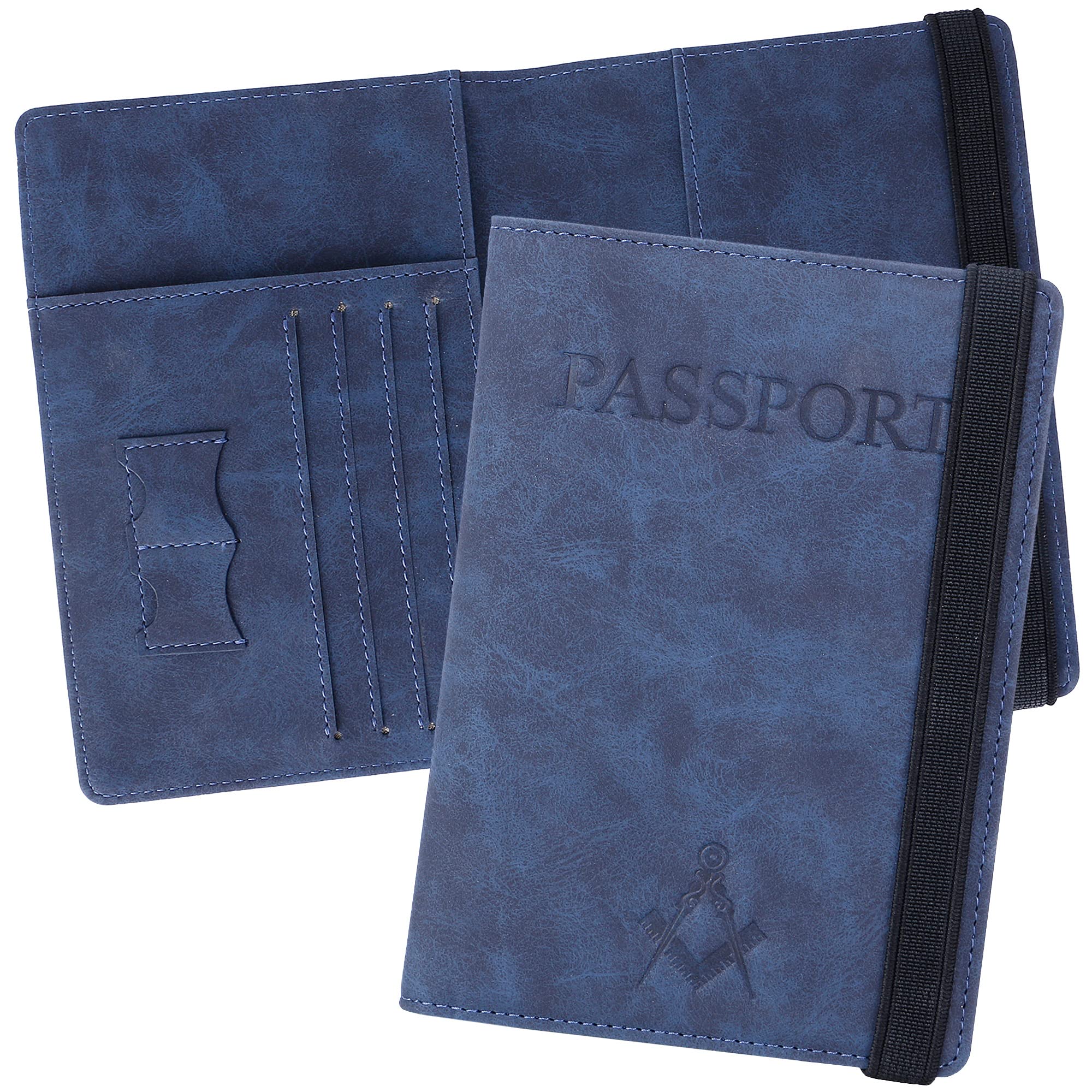 THE MASONIC COLLECTION Passport Holder in Blue/Grey Colour - Embossed Square and Compass - Made with Imitation Leather - Waterproof - 4x5.5 inches - Gift for Freemason Men