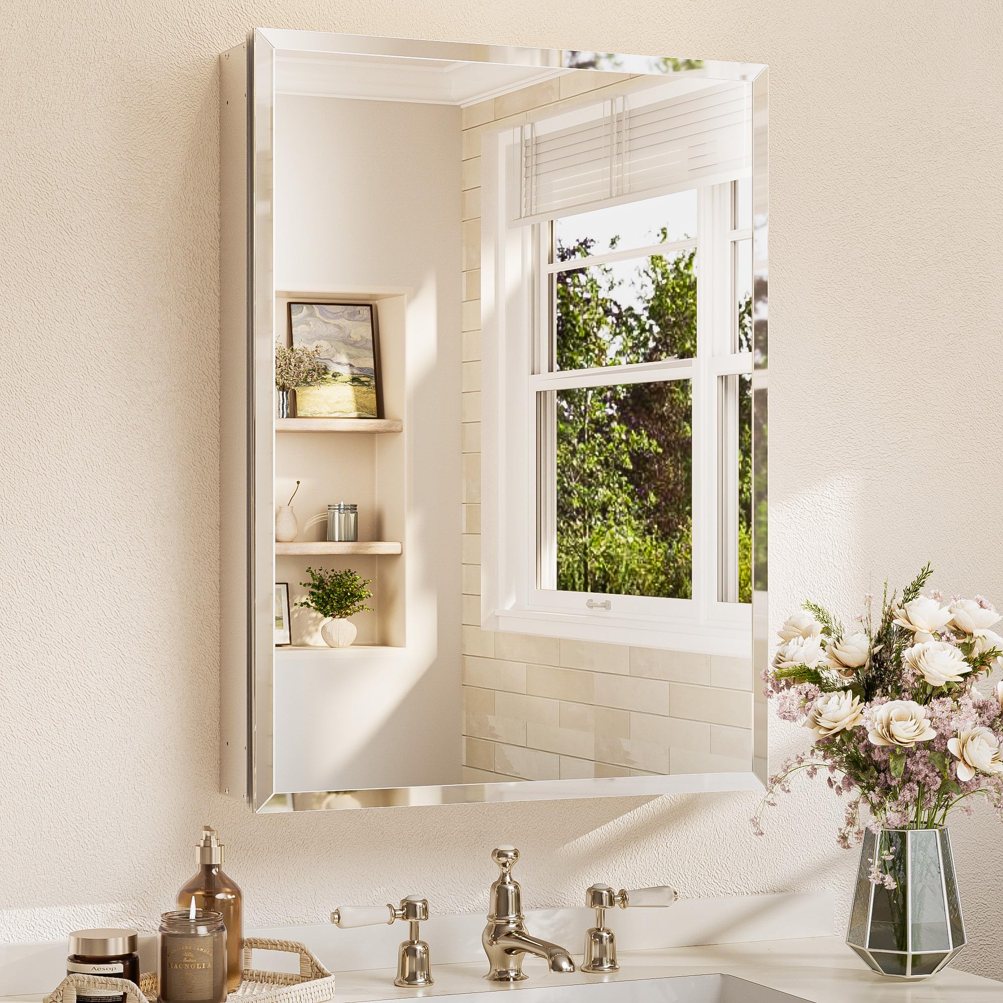 Photo 1 of ** FACTORY SEALED **  SOLD AS IS, NO REFUND/RETURN**
TETOTE 24 x 32 Bathroom Mirror Cabinet with Tempered Beveled Mirror Silver Medicine Cabinet Aluminum Cabinet DTC Hinges, Stepless Adjustable Shelves, Recessed/Surface-Mounted