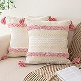 Boho Throw Pillow Covers 18x18 Set of 2 Woven Tufted Farmhouse Pillows Cover with Tassels Textured Striped Cushion Case Neutral Pillow Cases Decorative Pillowcase for Sofa, Couch, Bed, Pink