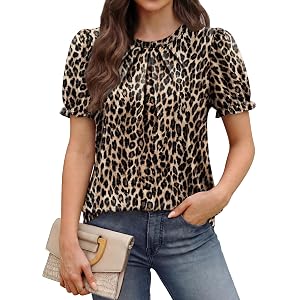 OFEEFAN Womens Tops Short Puff Sleeve Shirts Pleated Curved Hem Blouses Dressy Casual Business Blouses Summer Outfits