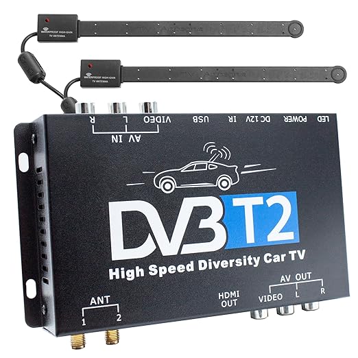 XOMAX DVB-T2 Receiver für Auto Kfz, H.265 HEVC, TV Box mit 12V Betrieb, Dual Tuner mit 2 aktiven Antennen je 20 dB, bis 160 k